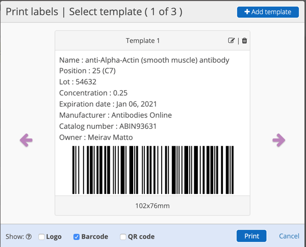 Printing a label in Labguru's sample management system