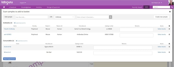 Labguru Sample basket feature