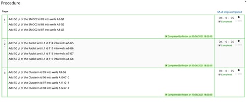 time stamped stages of experiment opentrons to Labguru