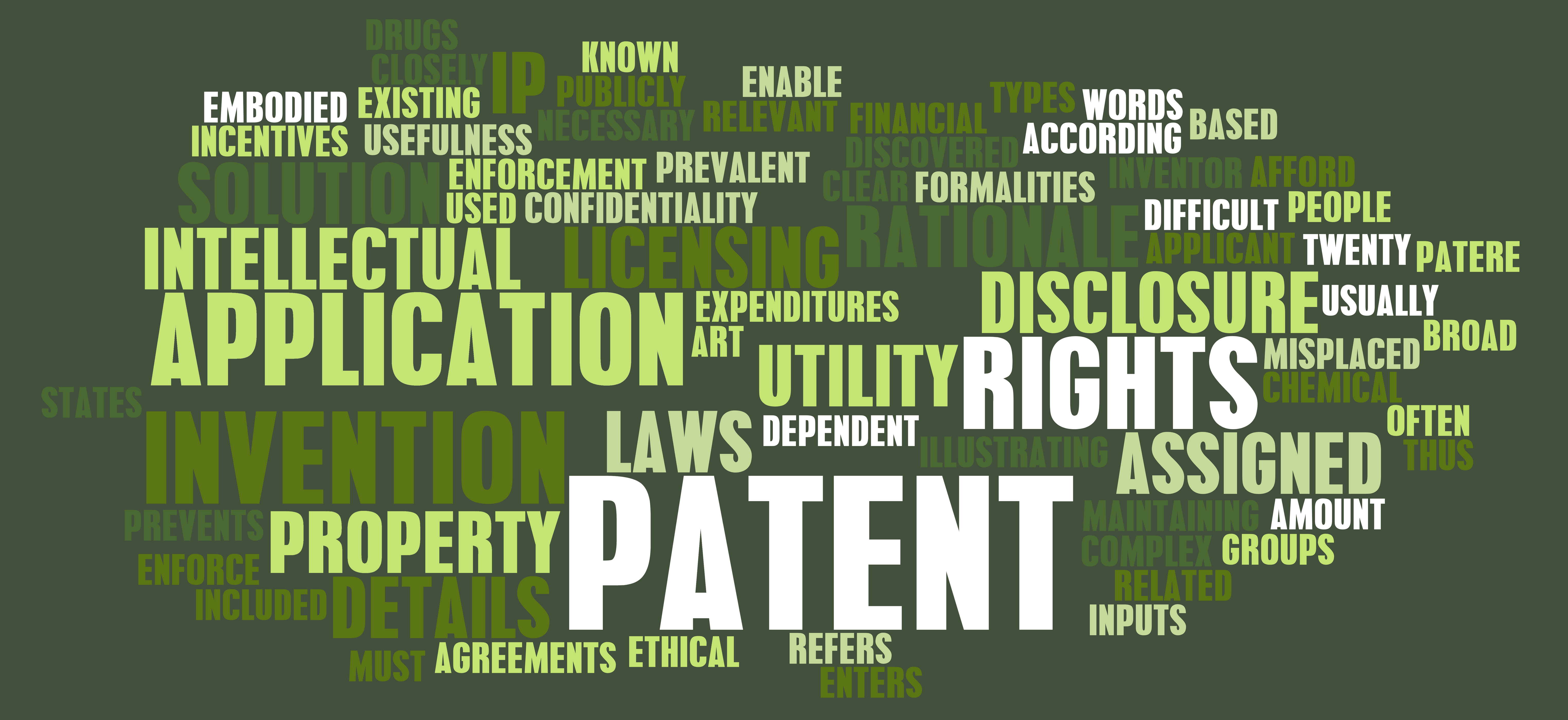 Wordcloud on dark green background illustration intellectual property concepts