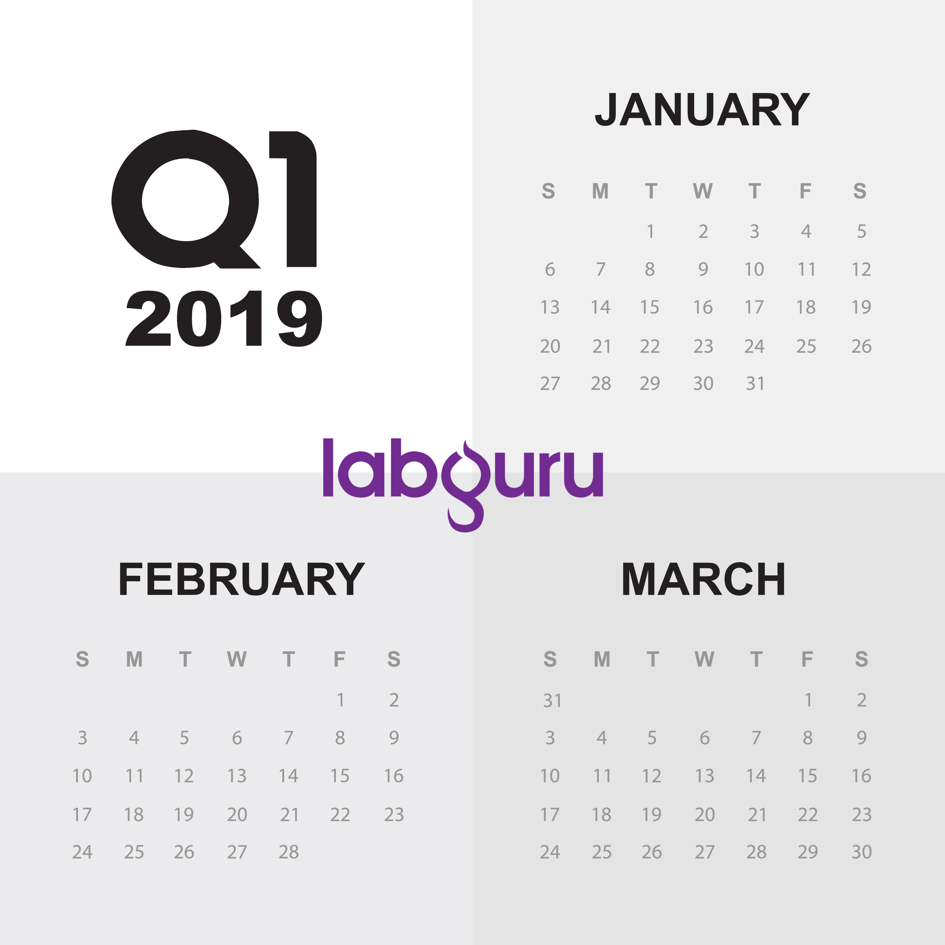 Calendar displaying Q1 2019 and Labguru logo